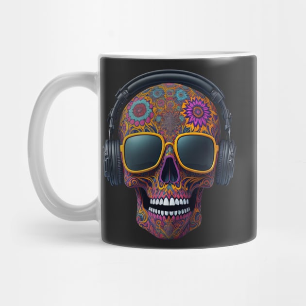 Funny Sugar Candy Skull With Headphones and Sun Glasses by allovervintage